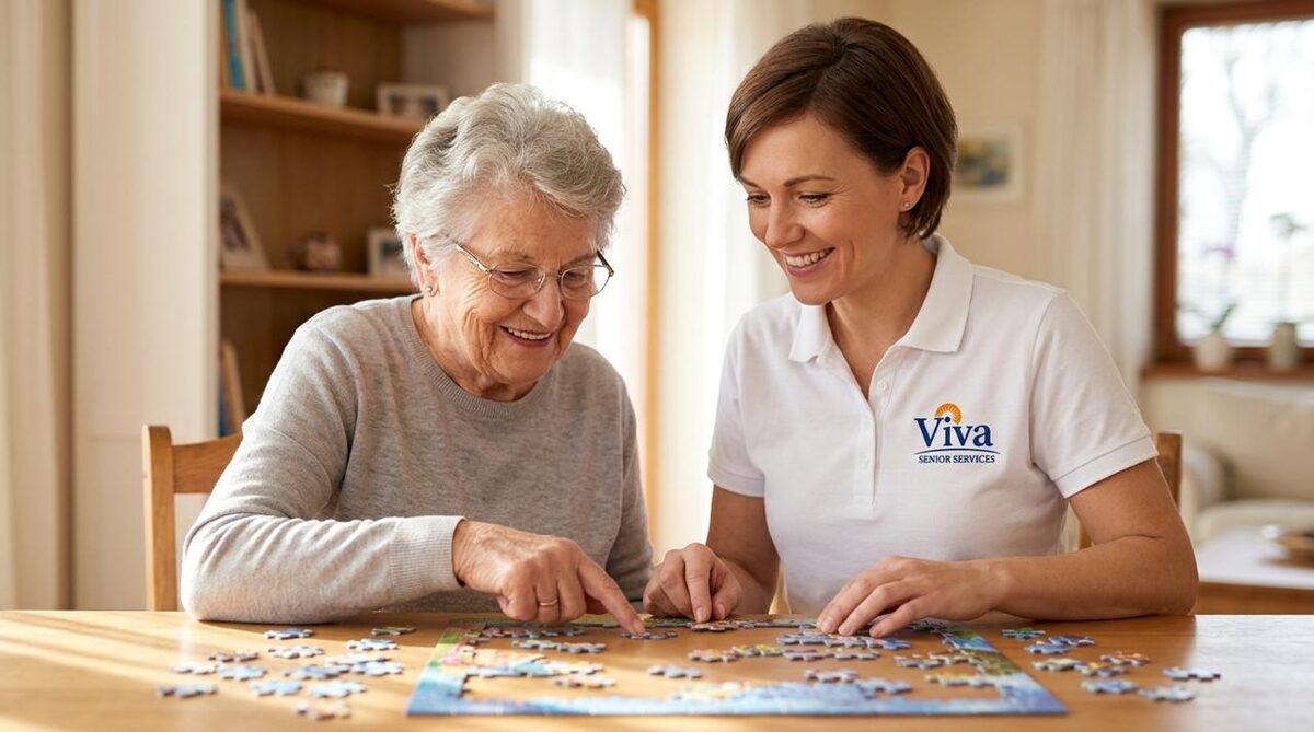 Viva Senior Services caregiver enjoying a puzzle with a senior companion care client