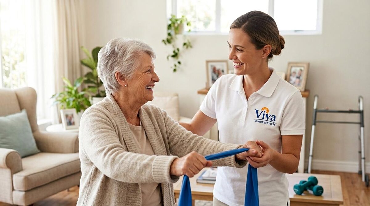 Viva Senior Services caregiver helping a senior with recovery care exercises at home